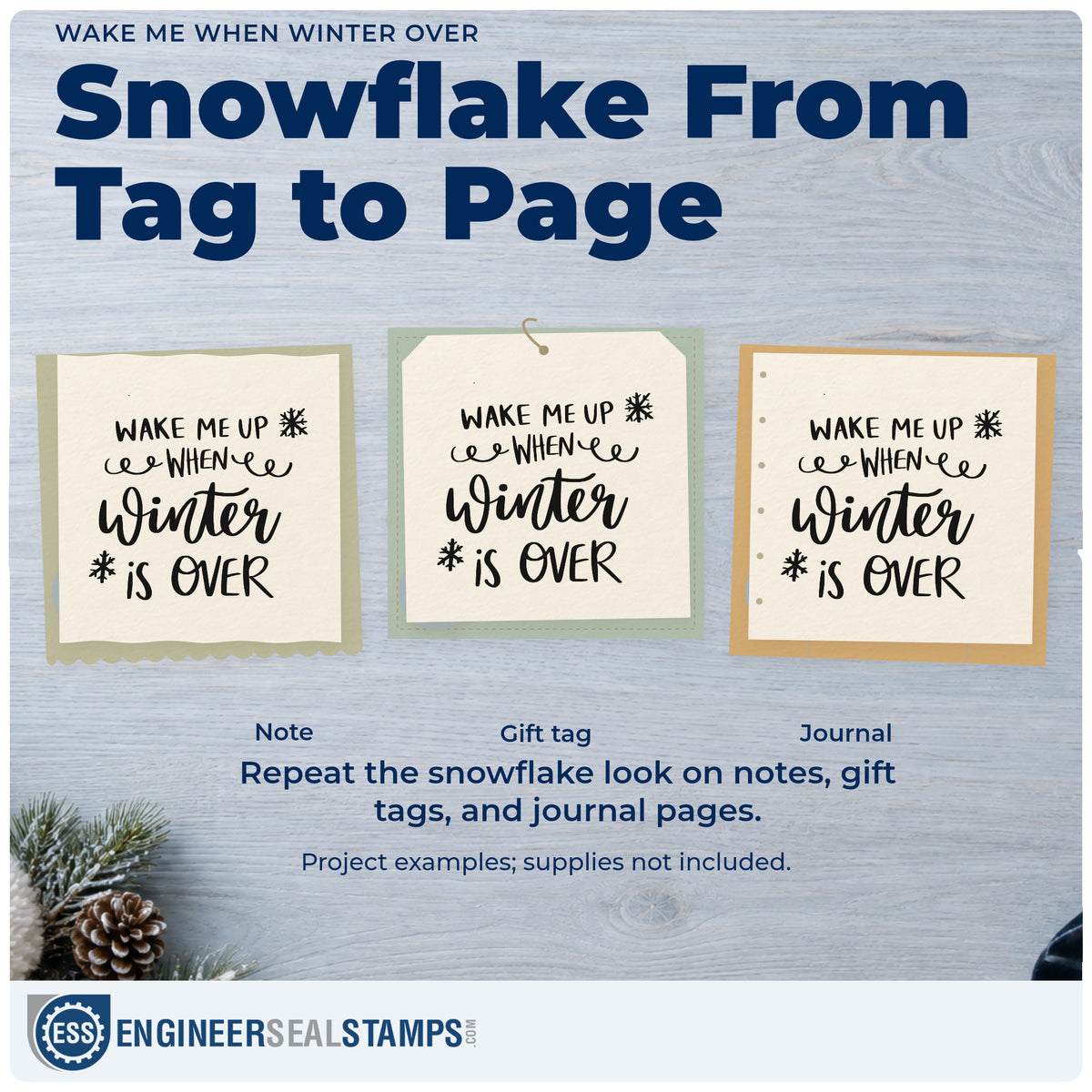 Three project examples made with the Wake Me When Winter Over Compact Pre-Inked Stamp – Slim, including bedtime habit tracker.