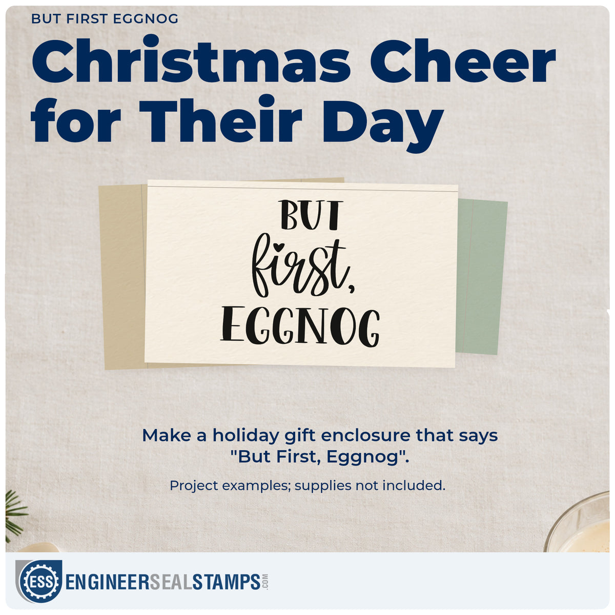 A finished handmade project stamped with the PSI Pre-Inked But First Eggnog Stamp, ideal for cocktail album page.