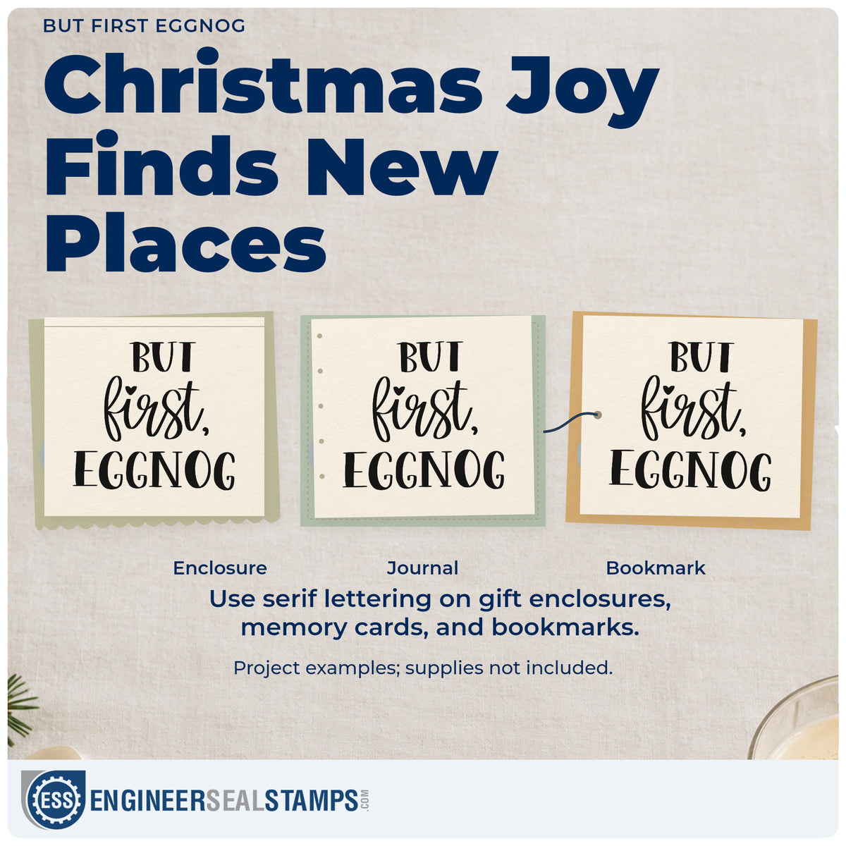Three project examples made with the But First Eggnog Stamp – Self-Inking, including drink recipe cards.