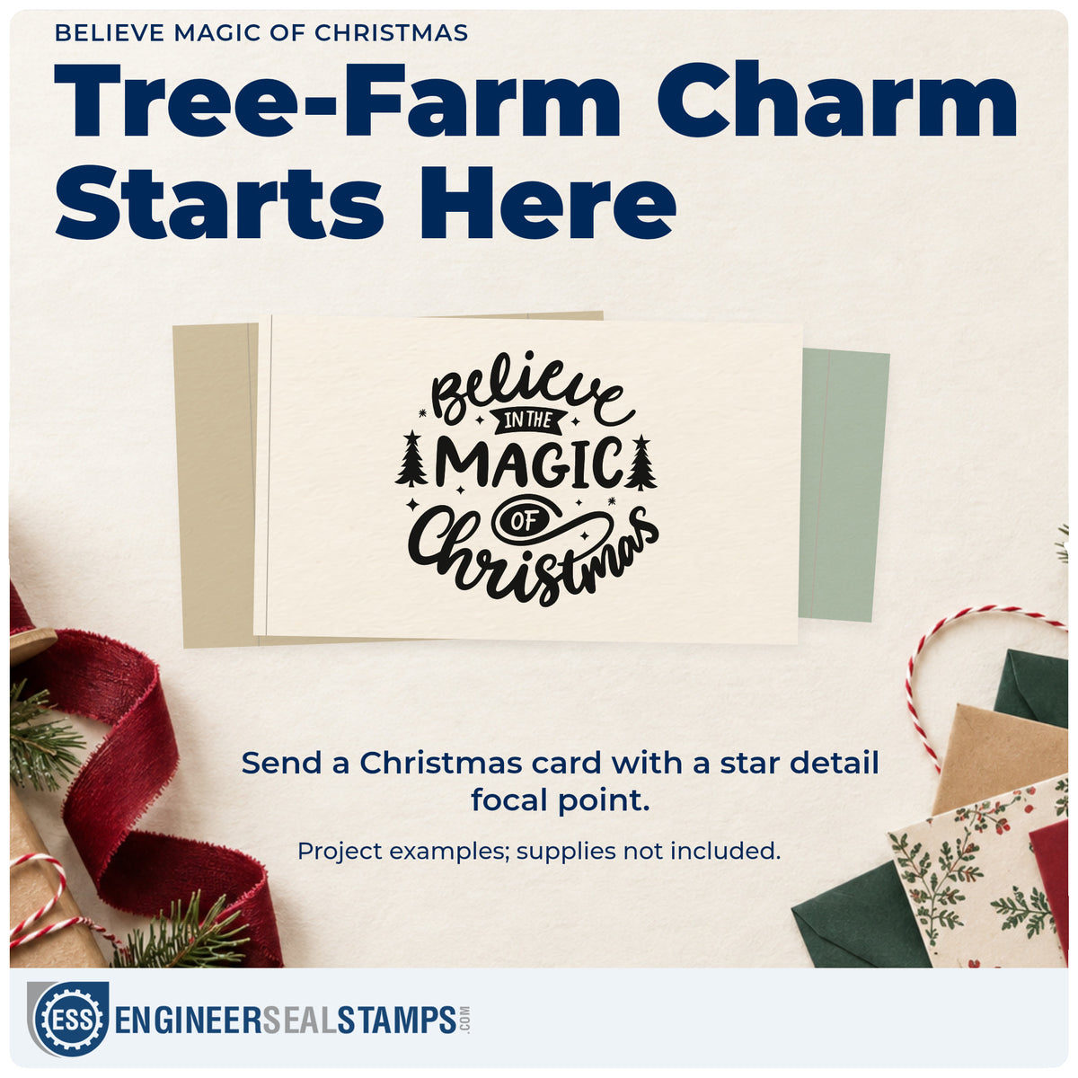 A finished handmade project stamped with the Believe In The Magic Of Christmas Pre-Inked Stamp – Slim, ideal for woodland party album.