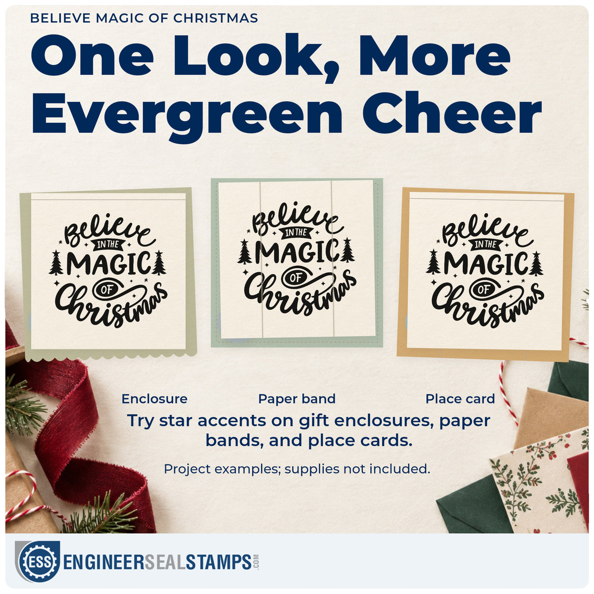 Three project examples made with the Believe In The Magic Of Christmas Self-Inking Stamp, including story night program.