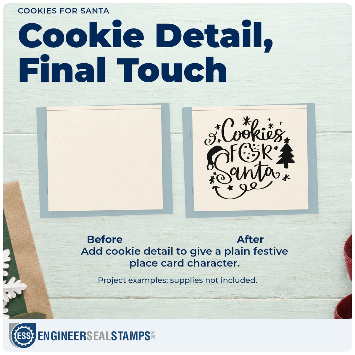 Before and after of a plain item finished with the Cookies For Santa Tree Motif Pre-Inked Stamp – PSI, a quick upgrade for framed mantel art.