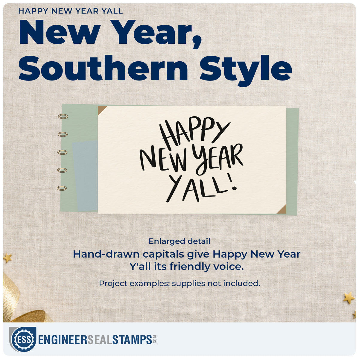 Enlarged detail of the Happy New Year Yall Rubber Stamp – Duo Hand imprint. “Happy New Year Y'all!” appears in loose hand-drawn capitals.