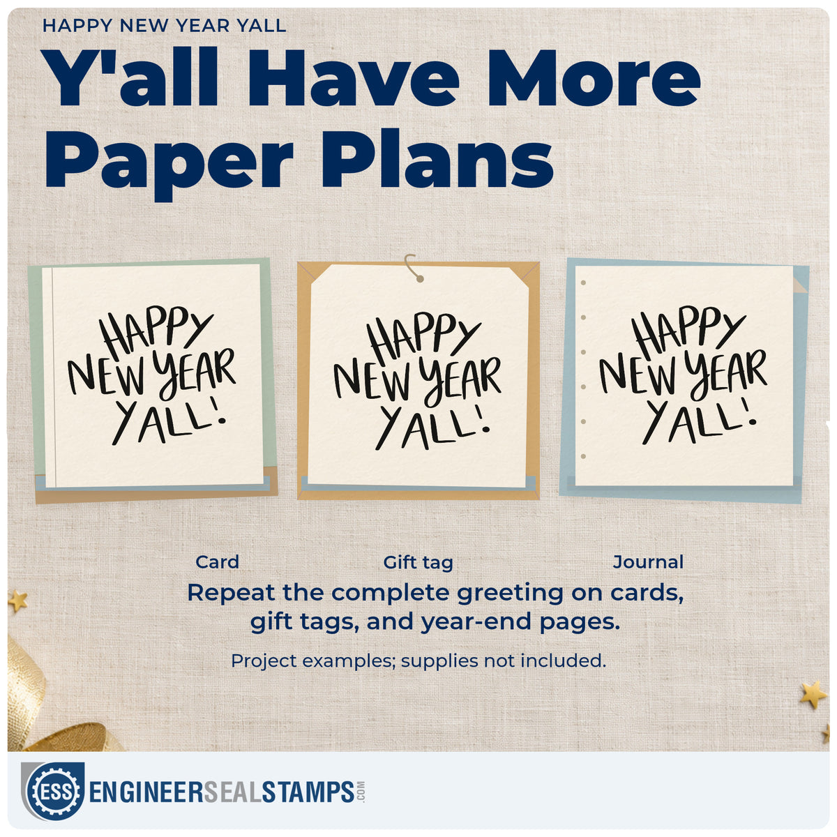 Three project examples made with the Happy New Year Yall Rubber Stamp – Duo Hand, including resolution list sheet.