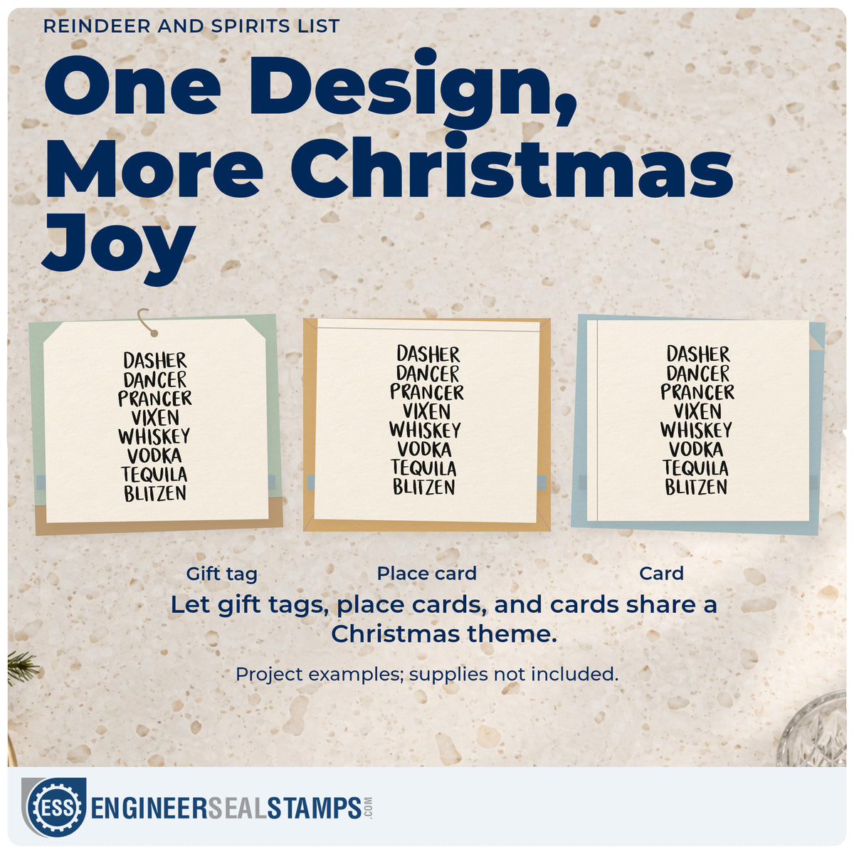Three project examples made with the Reindeer And Spirits List Pre-Inked Stamp – PSI, including shot list score card.