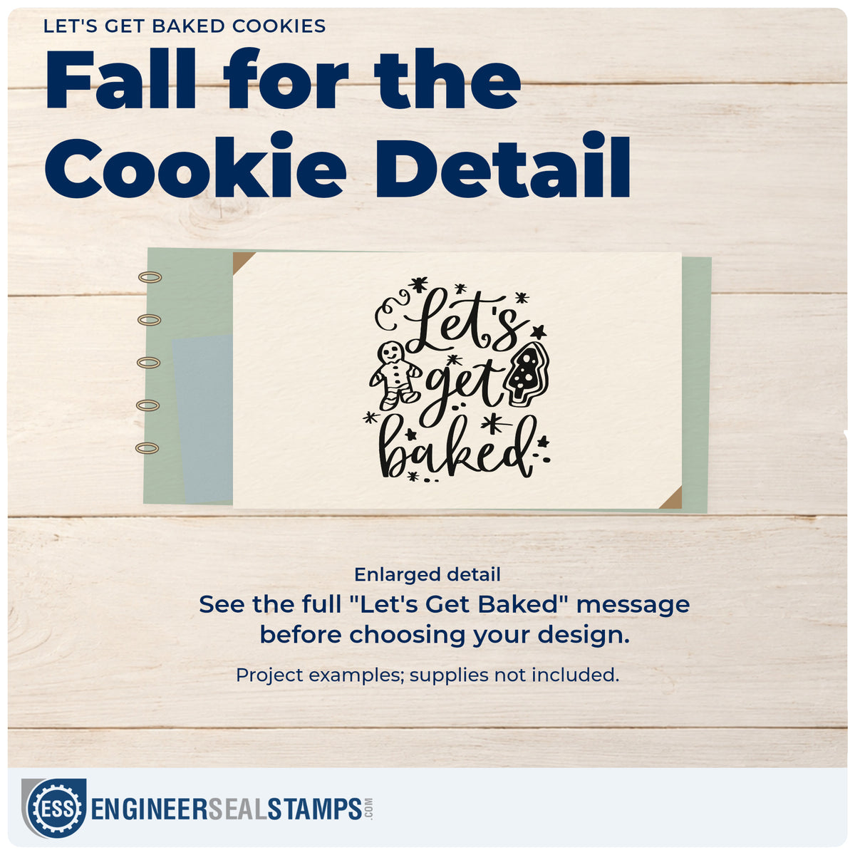Enlarged detail of the Let's Get Baked Cookies Gingerbread Pre-Inked Stamp – PSI imprint. “Let's Get Baked” features gingerbread cookies, stars, and curls.