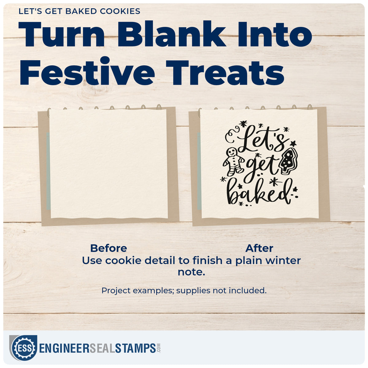 Before and after of a plain item finished with the Let's Get Baked Cookies Gingerbread Self-Inking Stamp, a quick upgrade for framed breakfast nook.