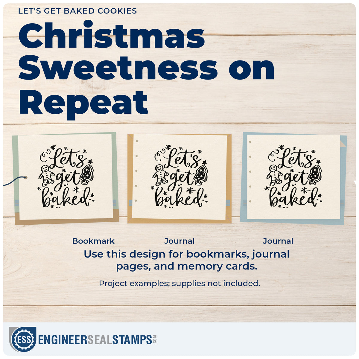 Three project examples made with the Let's Get Baked Cookies Gingerbread Self-Inking Stamp, including icing recipe sheet.