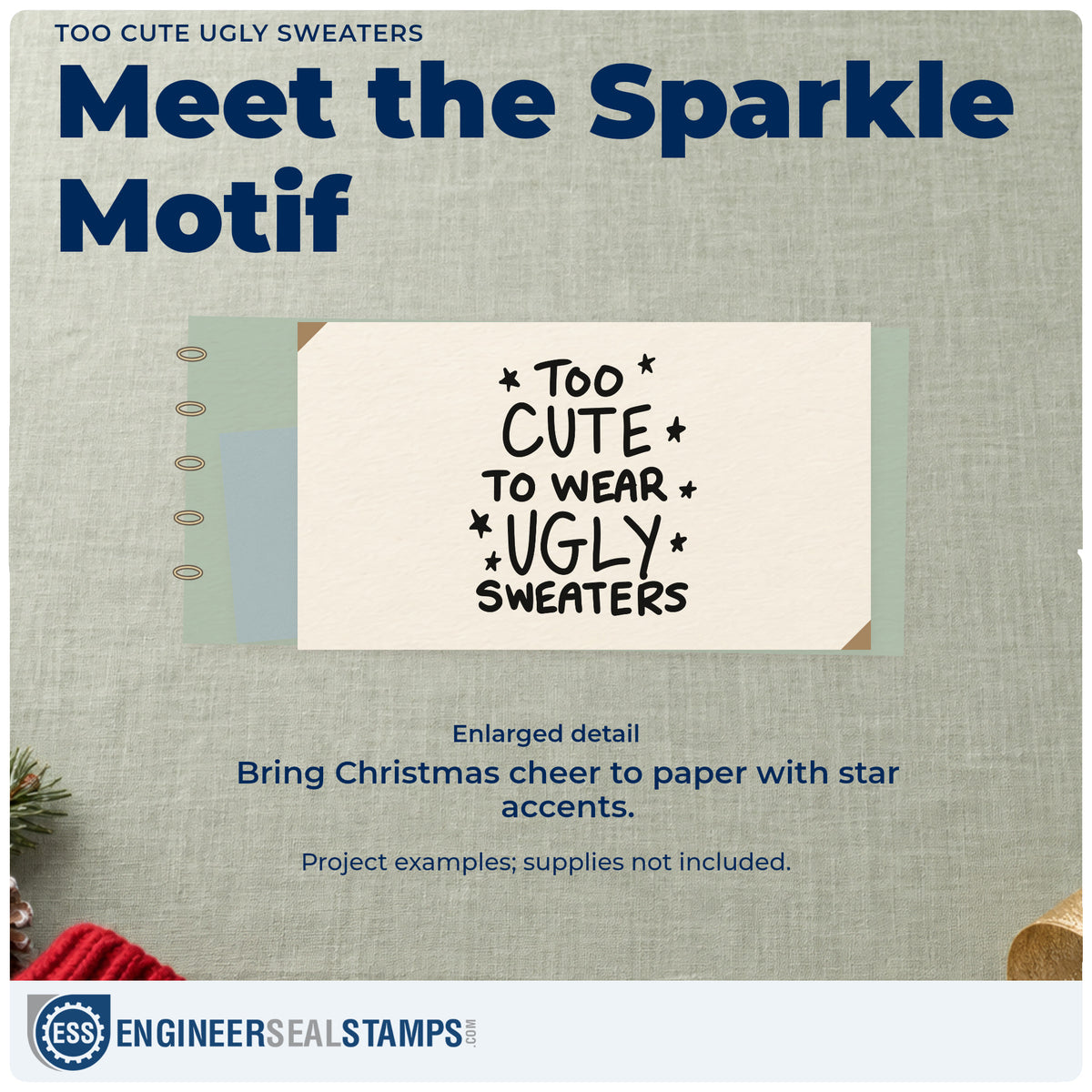 Enlarged detail of the Too Cute To Wear Ugly Sweaters Rubber Stamp – Wood Handle imprint. “Too Cute to Wear Ugly Sweaters” is surrounded by small stars.