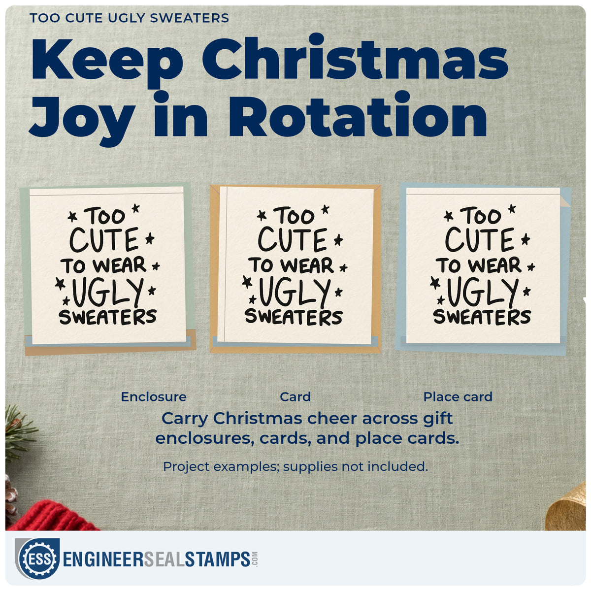 Three project examples made with the Too Cute To Wear Ugly Sweaters Pre-Inked Stamp – Slim, including wardrobe plan sheet.