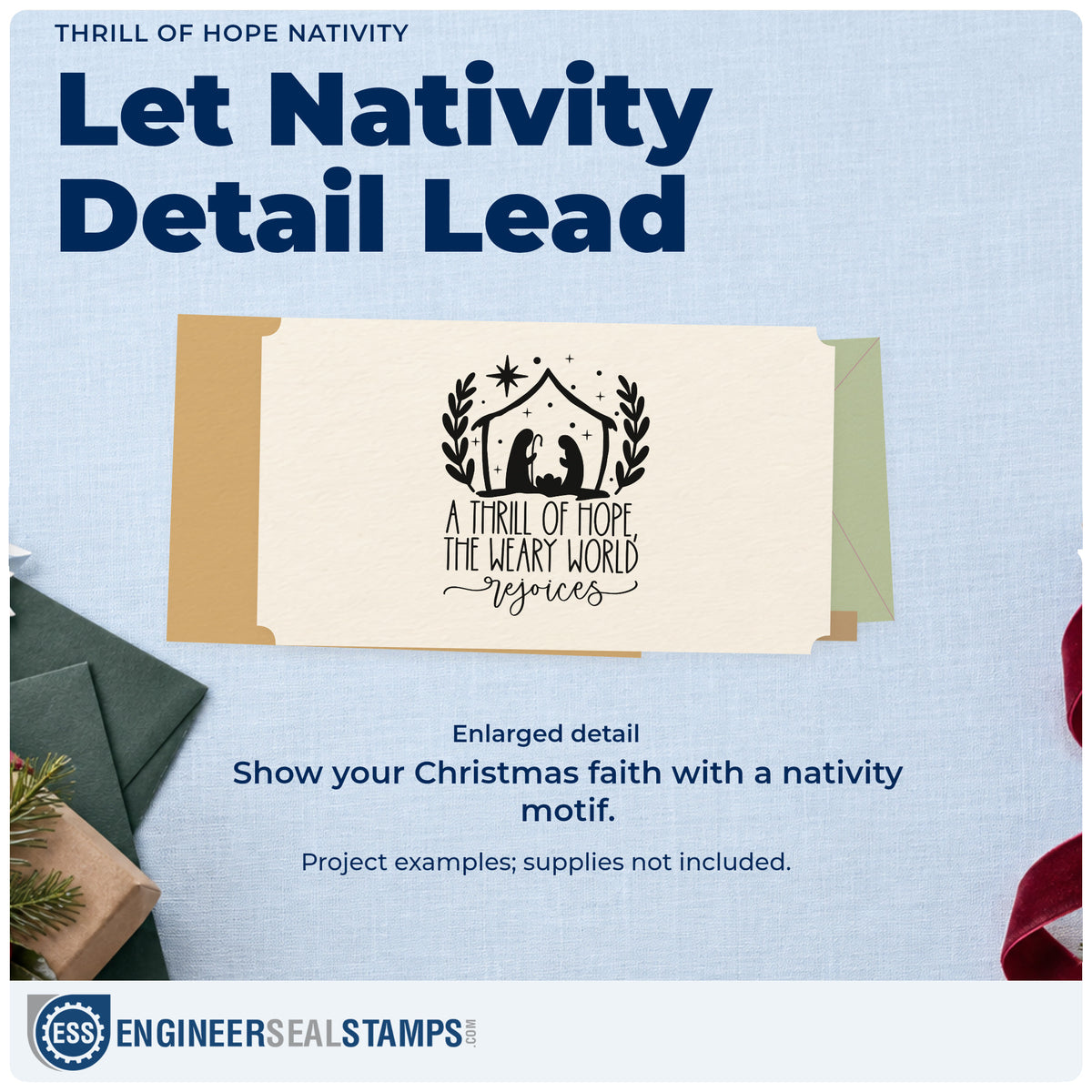 Enlarged detail of the Thrill Of Hope Nativity Leafy Branches Rubber Stamp – Duo Hand imprint. A nativity silhouette framed by leafy branches sits above “A Thrill of Hope, the Weary World Rejoices.”