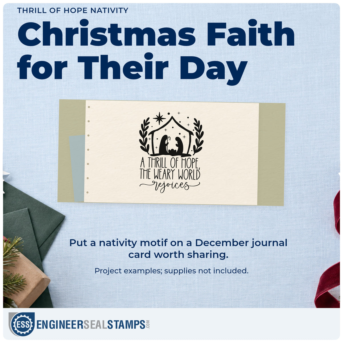 A finished handmade project stamped with the Thrill Of Hope Nativity Leafy Branches Compact Pre-Inked Stamp – Slim, ideal for advent album spread.