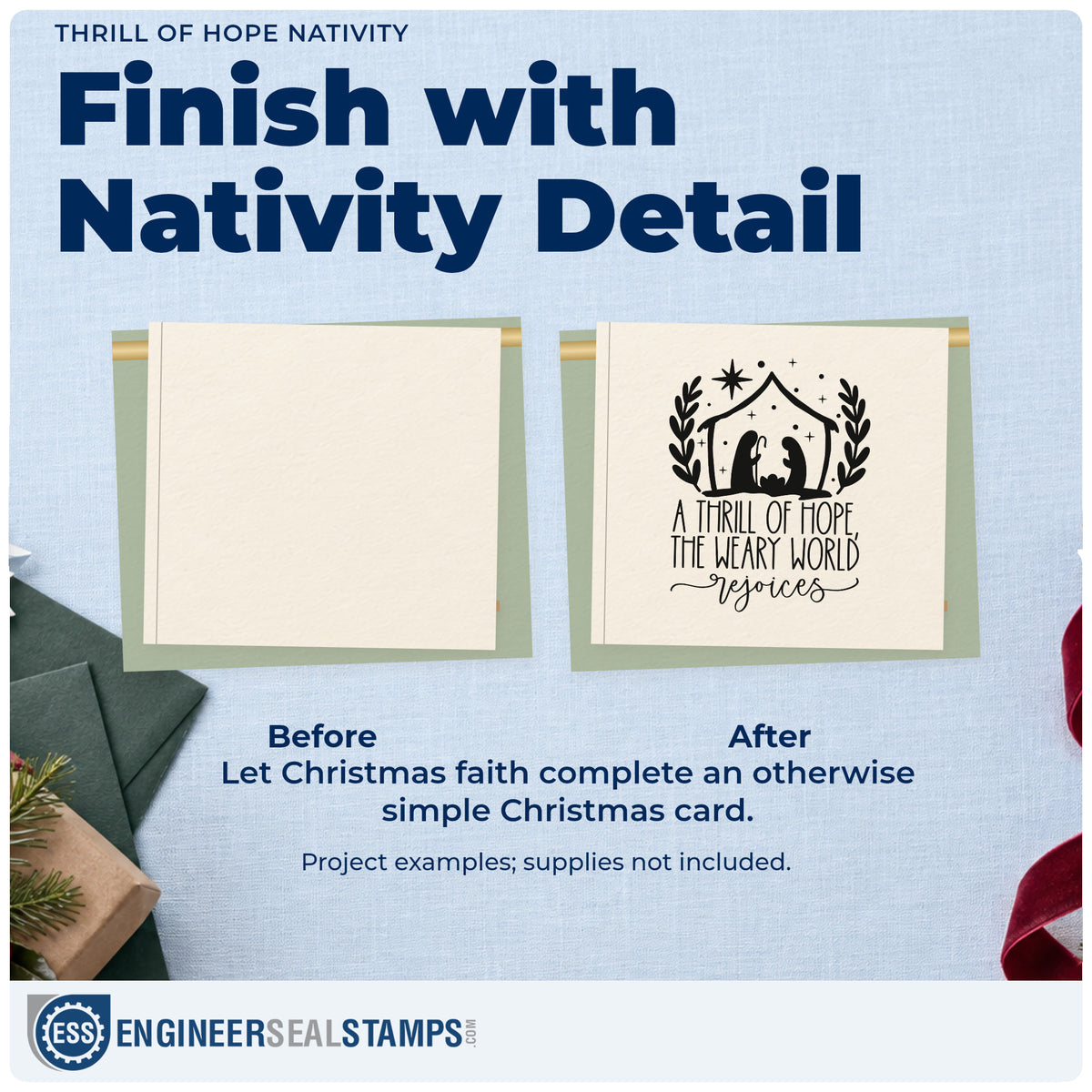 Before and after of a plain item finished with the Thrill Of Hope Nativity Leafy Branches PSI Pre-Inked Stamp, a quick upgrade for framed chapel entry.