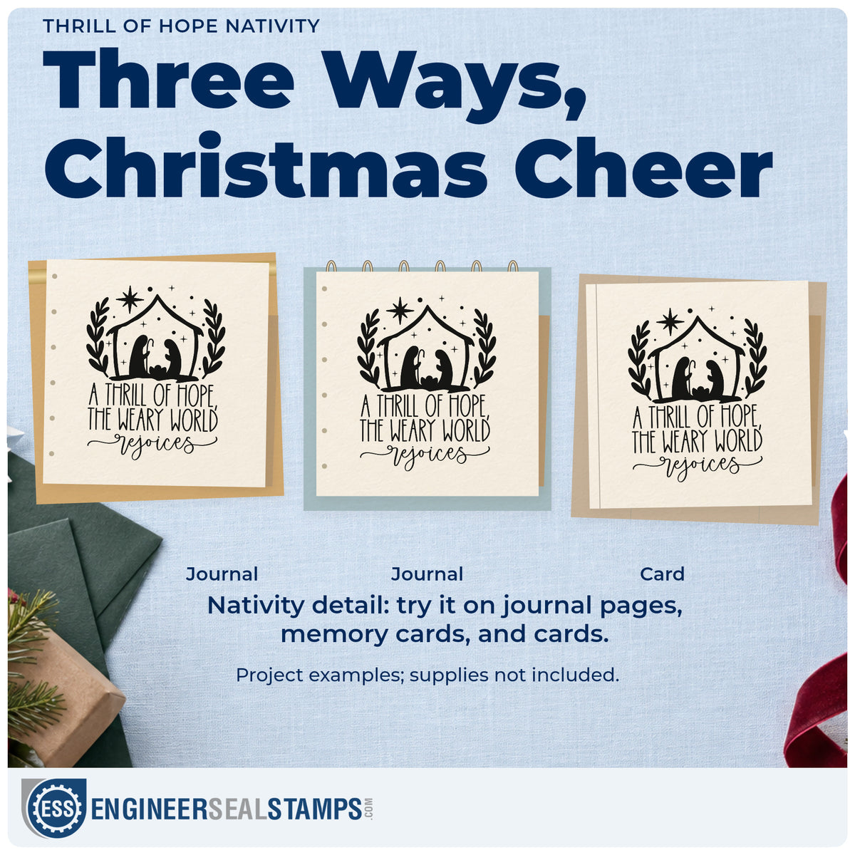 Three project examples made with the Thrill Of Hope Nativity Leafy Branches Stamp – Wood Handle, including scripture study page.