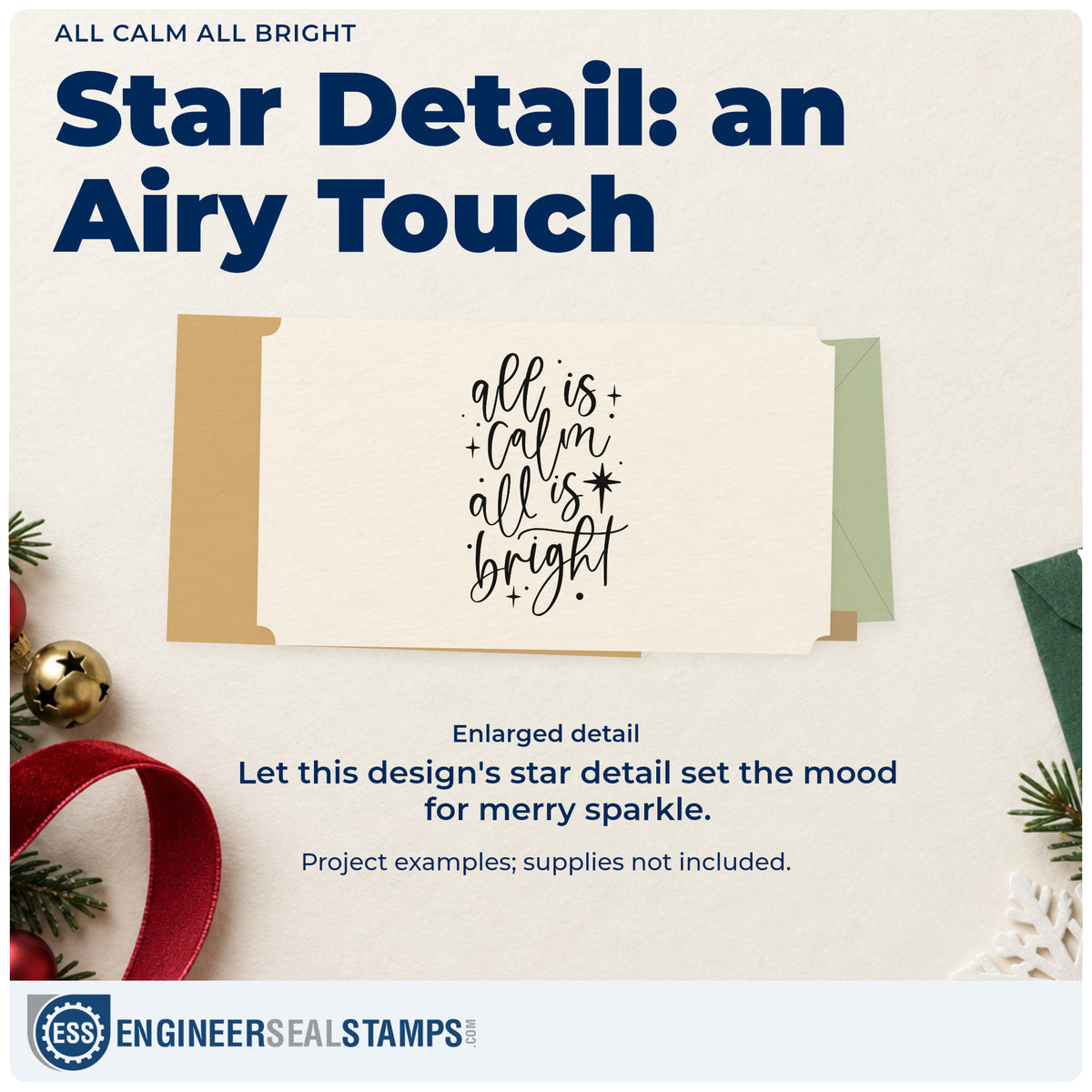 Enlarged detail of the All Is Calm All Is Bright Rubber Stamp – Wood Handle imprint. “All Is Calm All Is Bright” uses thin script with stars and dots.