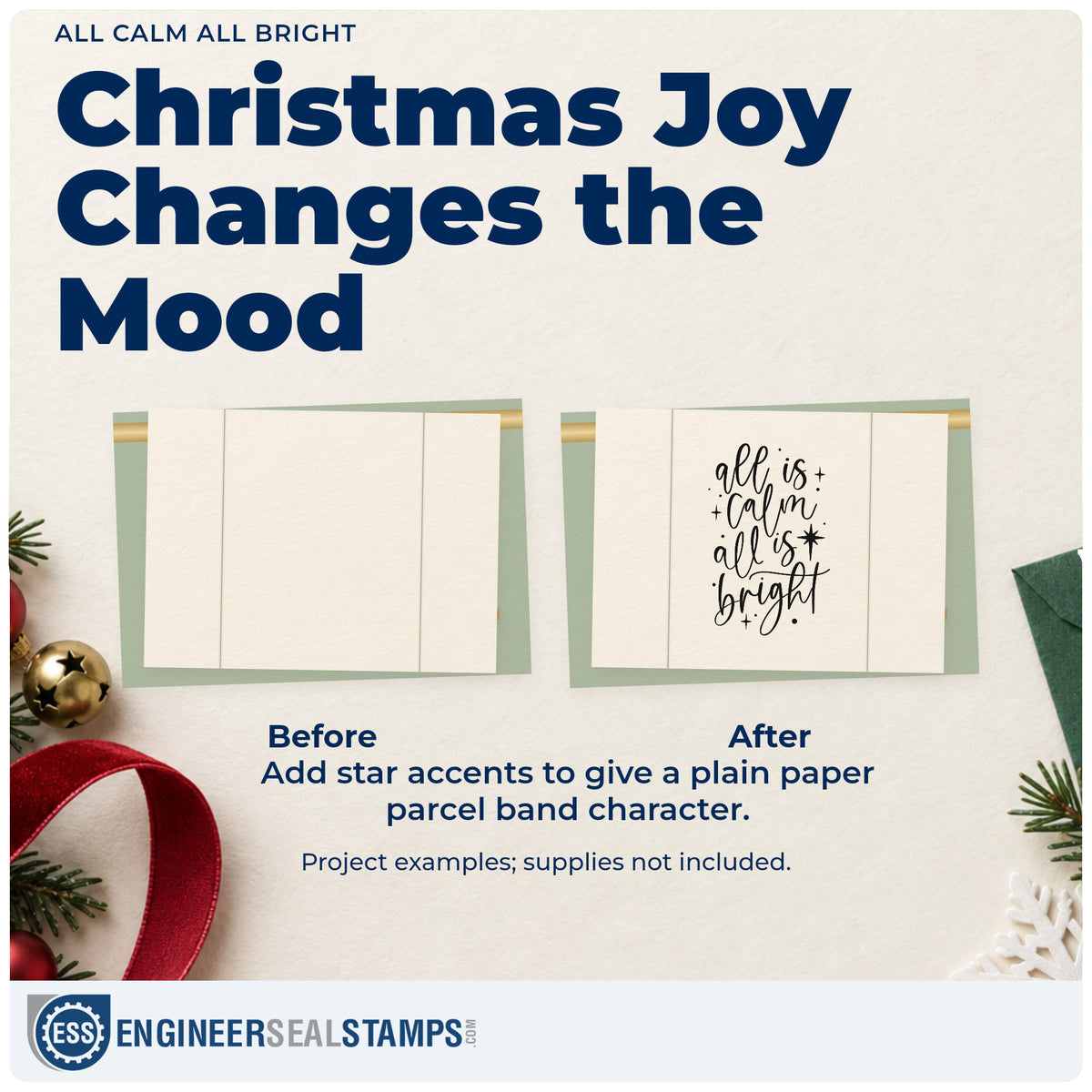 Before and after of a plain item finished with the All Is Calm All Is Bright Stamp – Self-Inking, a quick upgrade for sheer curtain ink.
