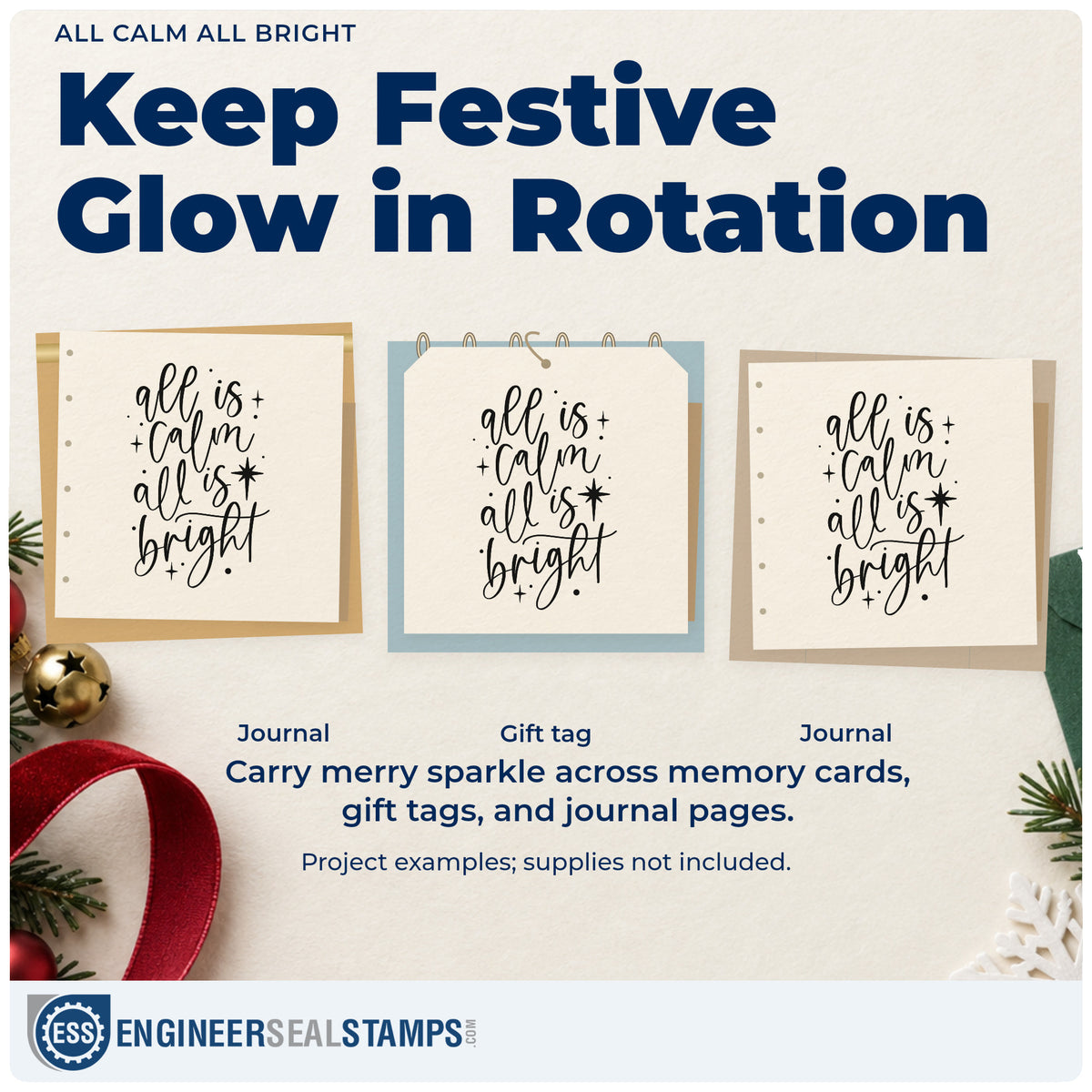 Three project examples made with the All Is Calm All Is Bright Rubber Stamp – Wood Handle, including candle gift tags.
