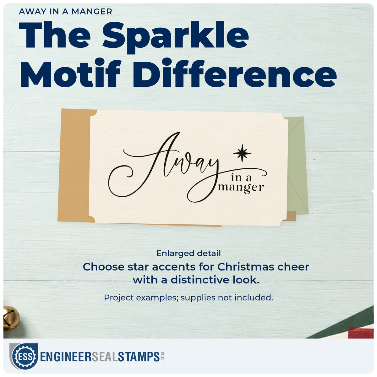 Enlarged detail of the Away In A Manger With Stars Self-Inking Craft Stamp imprint. Sweeping script “Away” joins smaller “In a Manger” beside a shining star.