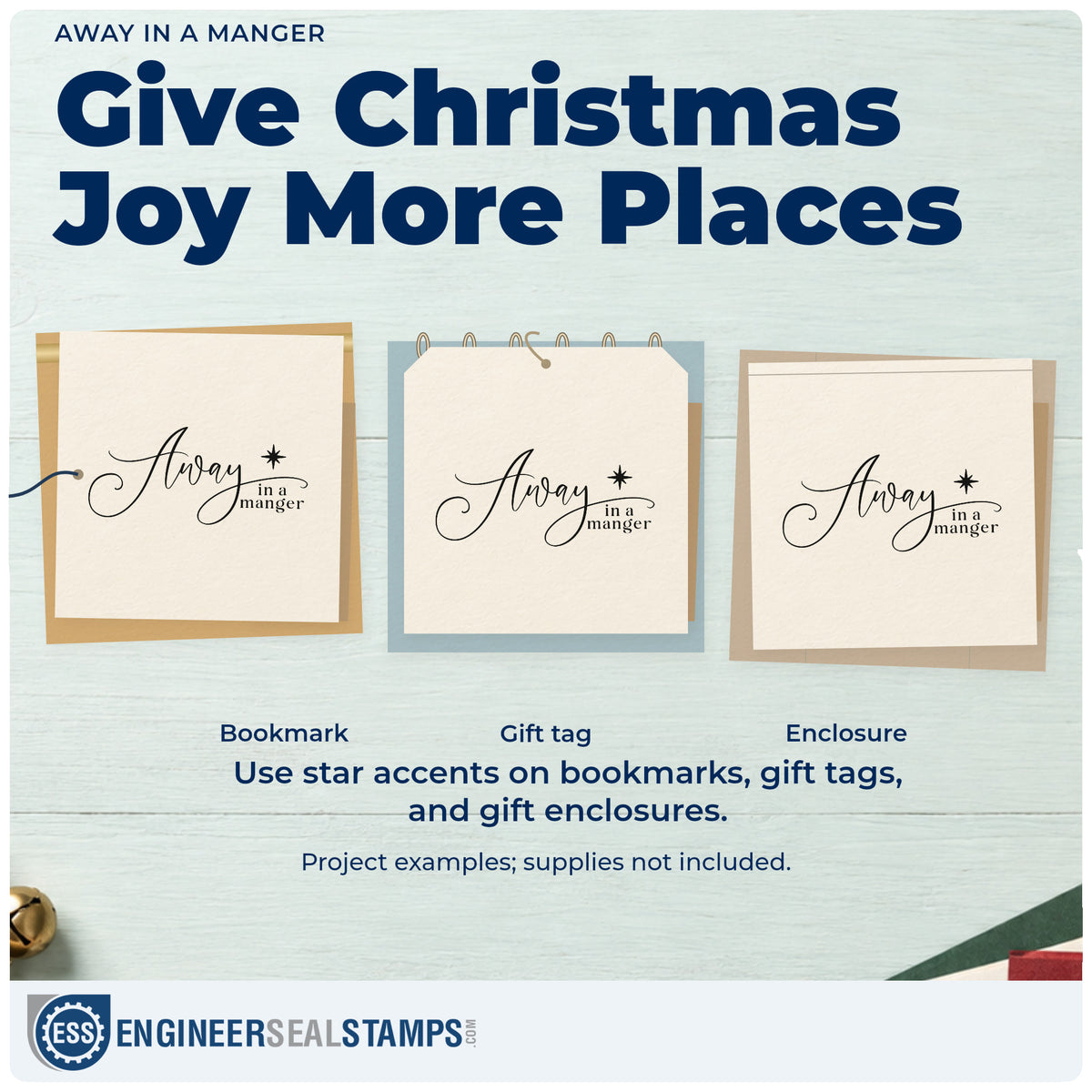 Three project examples made with the Away In A Manger With Stars Premium Wooden Stamp – Vintage Pro, including memory verse sheet.