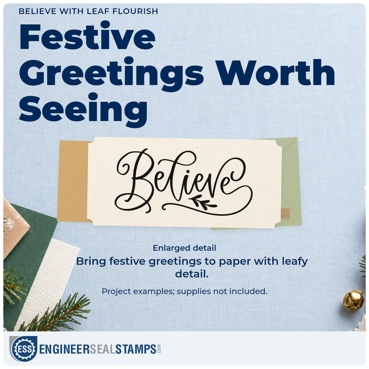Enlarged detail of the Believe With Leaf Flourish Hand Stamp – Duo imprint. Elegant script “Believe” features long looping strokes and a small leafy accent.
