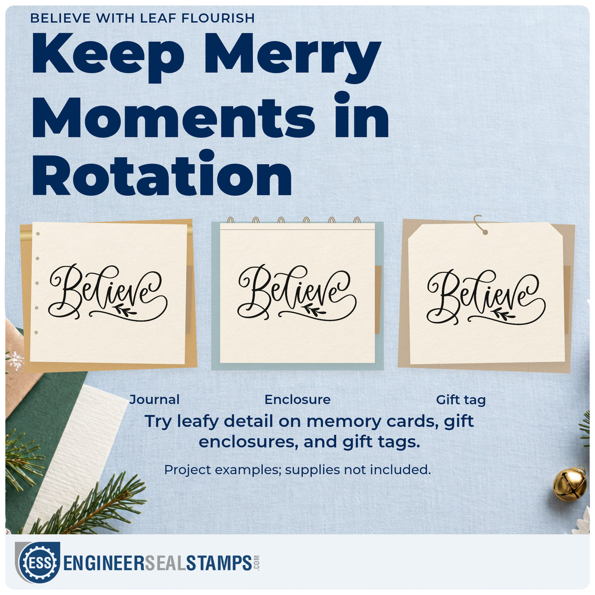 Three project examples made with the Believe With Leaf Flourish Hand Stamp – Duo, including guest book opener.
