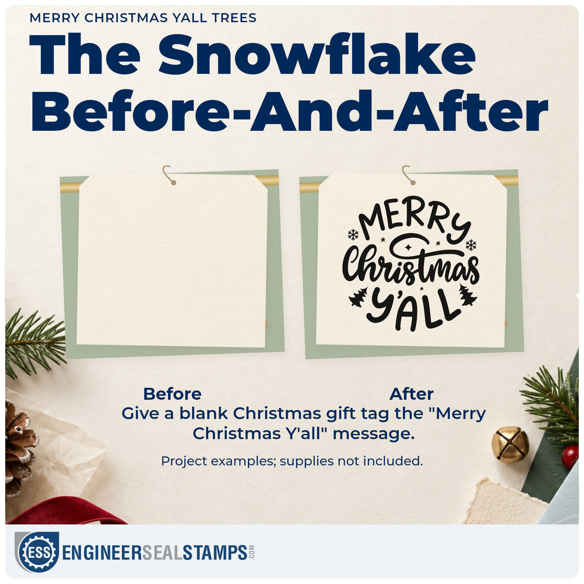 Before and after of a plain item finished with the Merry Christmas Yall Trees Snowflakes Stamp – Duo Hand, a quick upgrade for framed sideboard art.