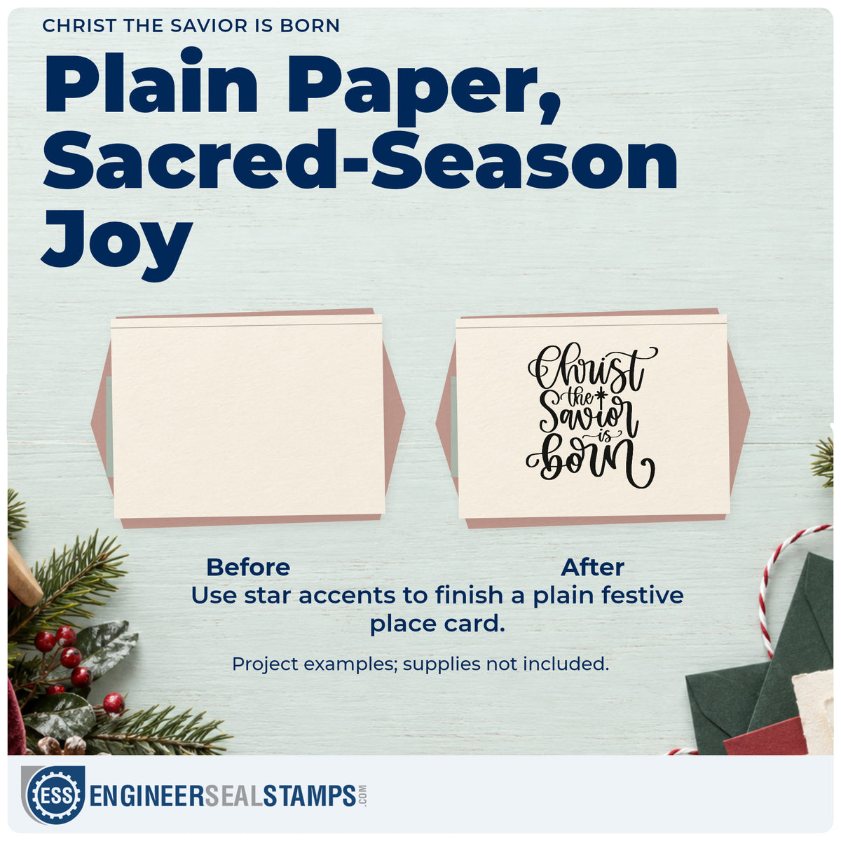 Before and after of a plain item finished with the Christ The Savior Is Born With Stars Self-Inking Stamp, a quick upgrade for framed vestry wall.