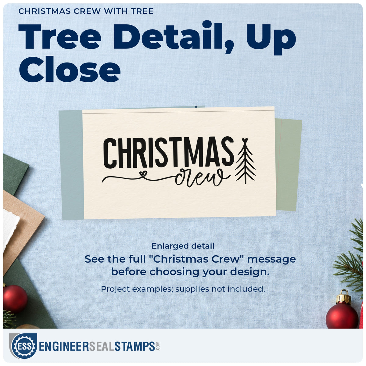 Enlarged detail of the Christmas Crew With Tree Rubber Stamp – Wood Handle imprint. “Christmas Crew” features a small heart, long flourish, and line-drawn Christmas tree.