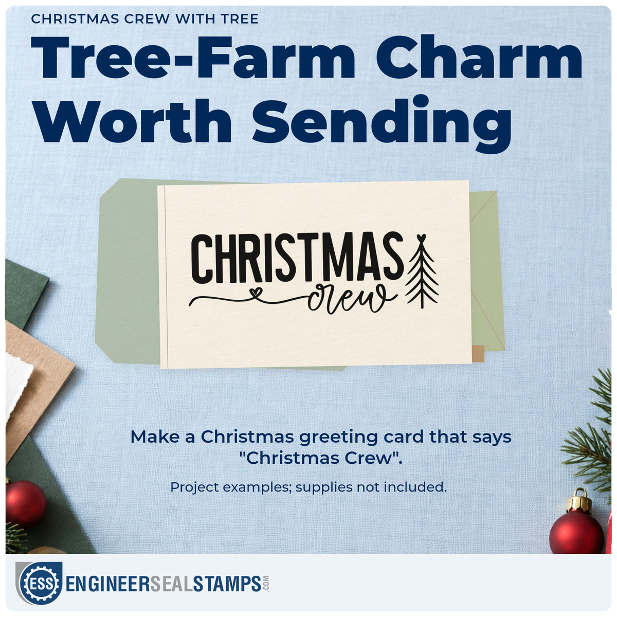 A finished handmade project stamped with the Christmas Crew With Tree Stamp – Self-Inking, ideal for group photo album.