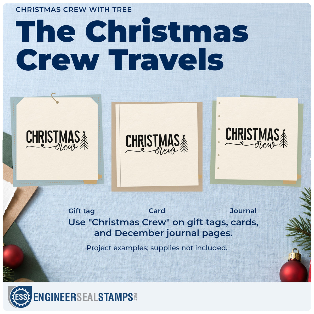Three project examples made with the Christmas Crew With Tree Rubber Stamp – Wood Handle, including team roster sheet.