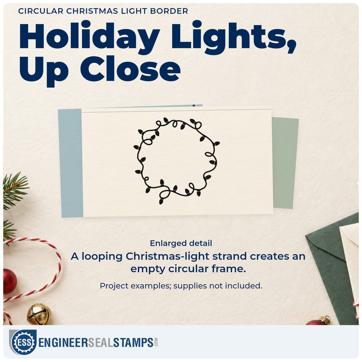 Enlarged detail of the Circular Christmas Light Border Rubber Stamp – Duo Hand imprint. A looping strand of Christmas bulbs forms an empty circular frame.