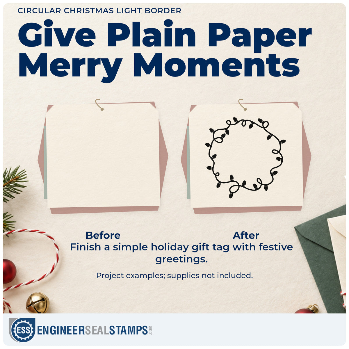 Before and after of a plain item finished with the Circular Christmas Light Border Pre-Inked Stamp – PSI, a quick upgrade for framed monogram art.