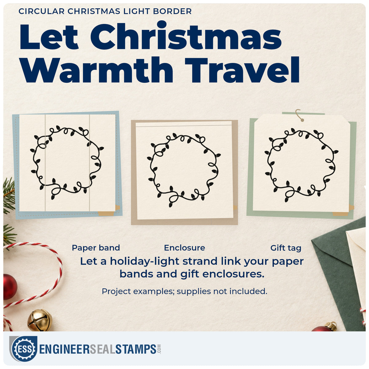 Three project examples made with the Circular Christmas Light Border Slim Pre-Inked Stamp, including date circle planner.