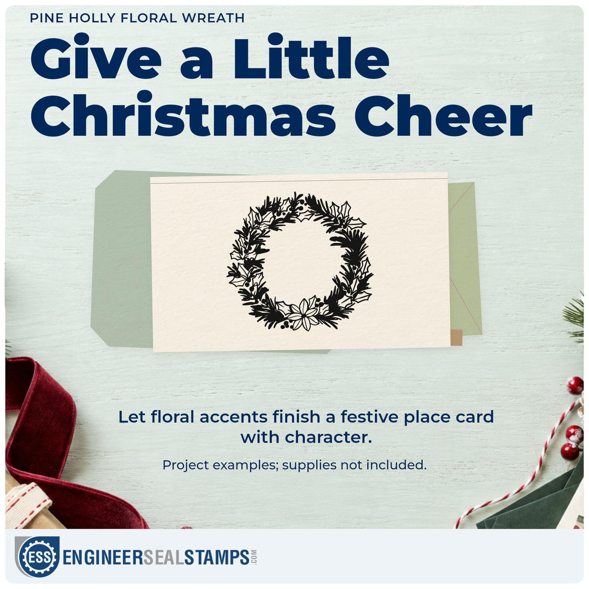 A finished handmade project stamped with the Holly And Pine Blossom Wreath Pre-Inked Stamp – Slim, ideal for address album page.