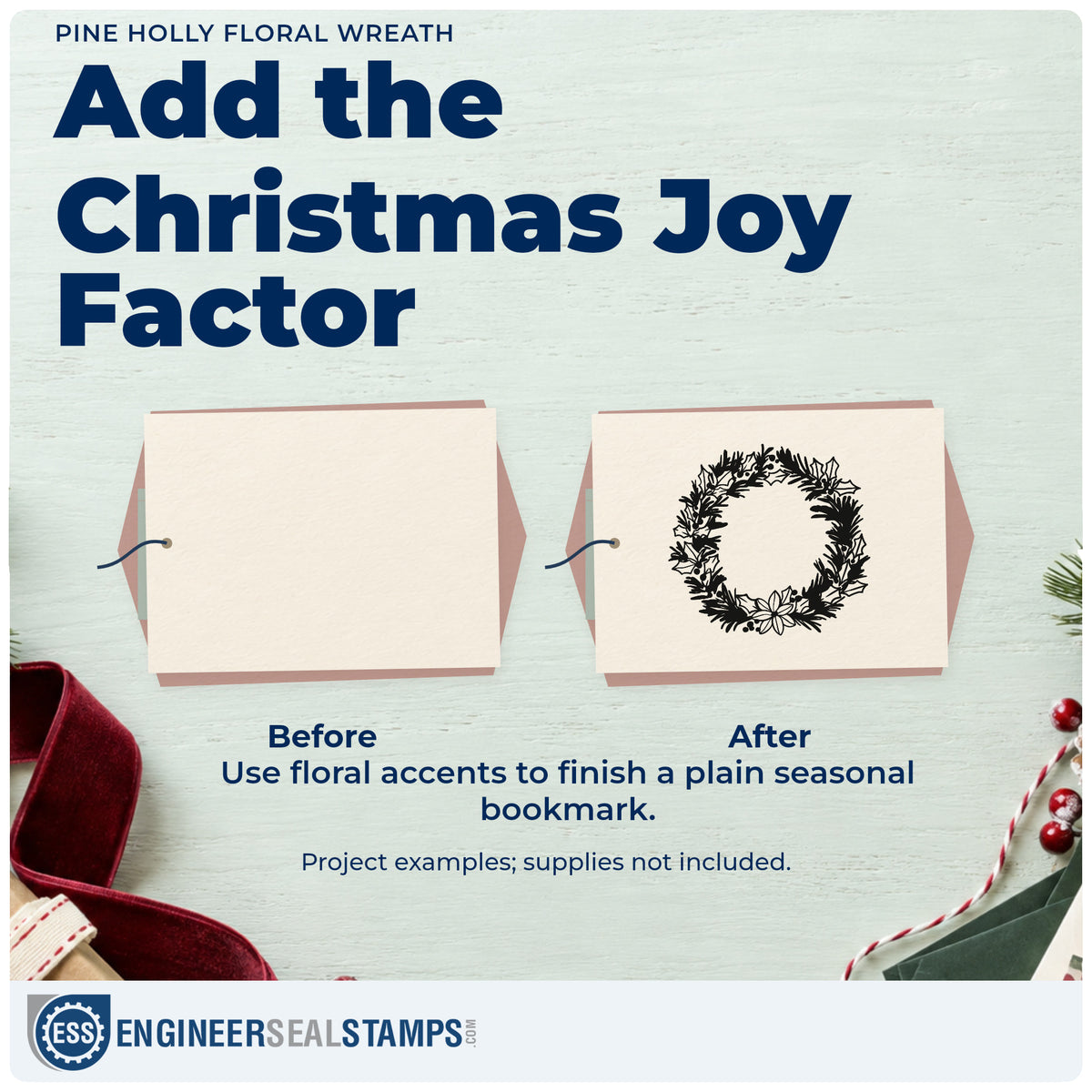 Before and after of a plain item finished with the Holly And Pine Blossom Wreath Pre-Inked Stamp – Slim, a quick upgrade for framed house number.