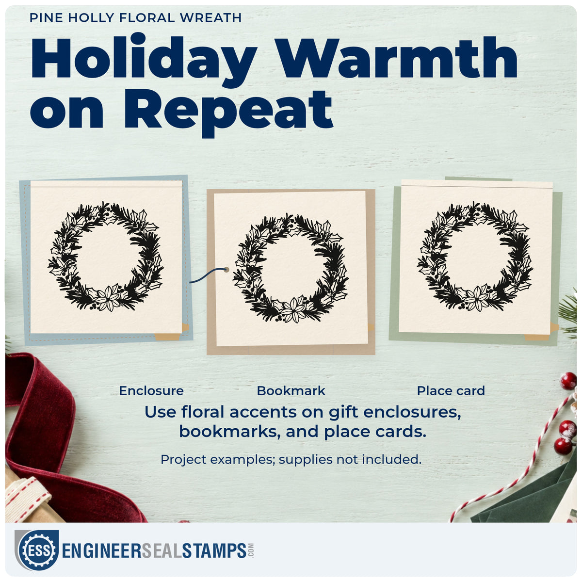 Three project examples made with the Holly And Pine Blossom Wreath Pre-Inked Stamp – Slim, including month header journal.