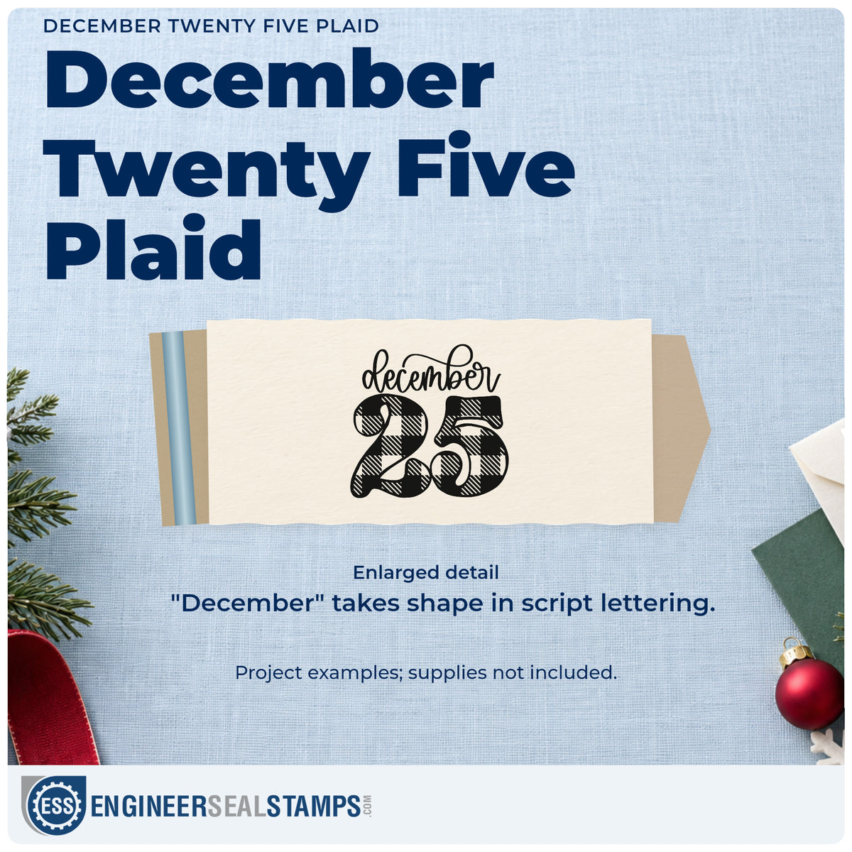 Enlarged detail of the December Twenty Five Plaid Script Lettering Stamp – Wood Handle imprint. Script “December” sits above large plaid-patterned numerals “25.”