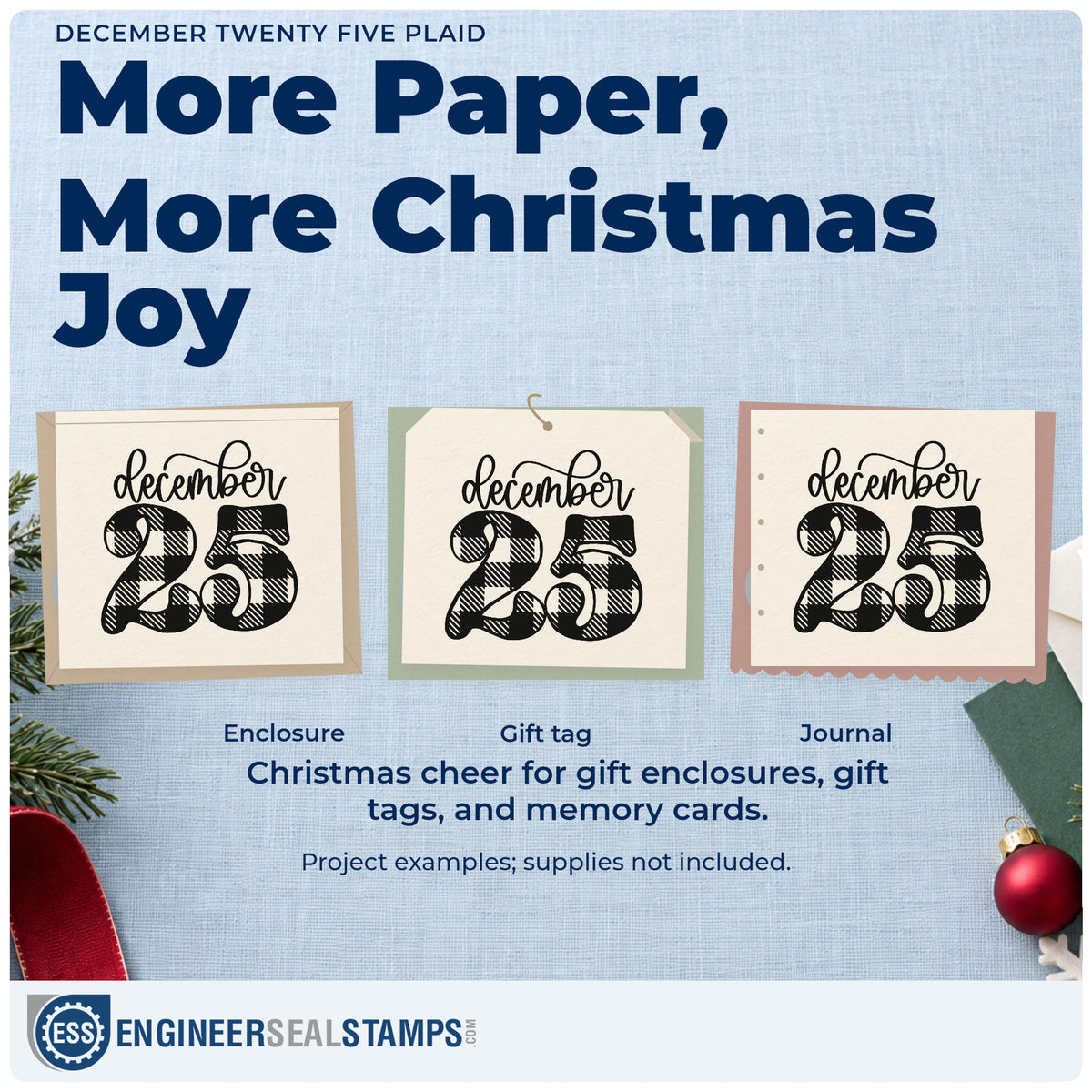 Three project examples made with the December Twenty Five Plaid Script Lettering Stamp – Wood Handle, including holiday save the date.