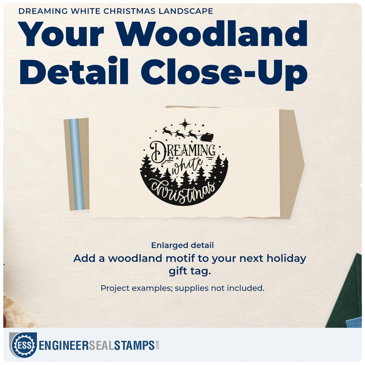 Enlarged detail of the Dreaming White Christmas Landscape Slim Pre-Inked Stamp imprint. “Dreaming of a White Christmas” appears with snowy pines, Santa's sleigh, reindeer, and stars.