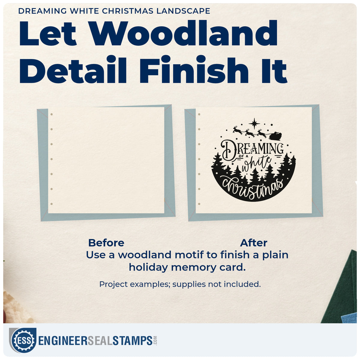 Before and after of a plain item finished with the Dreaming White Christmas Landscape Duo Hand Stamp, a quick upgrade for framed guest room.