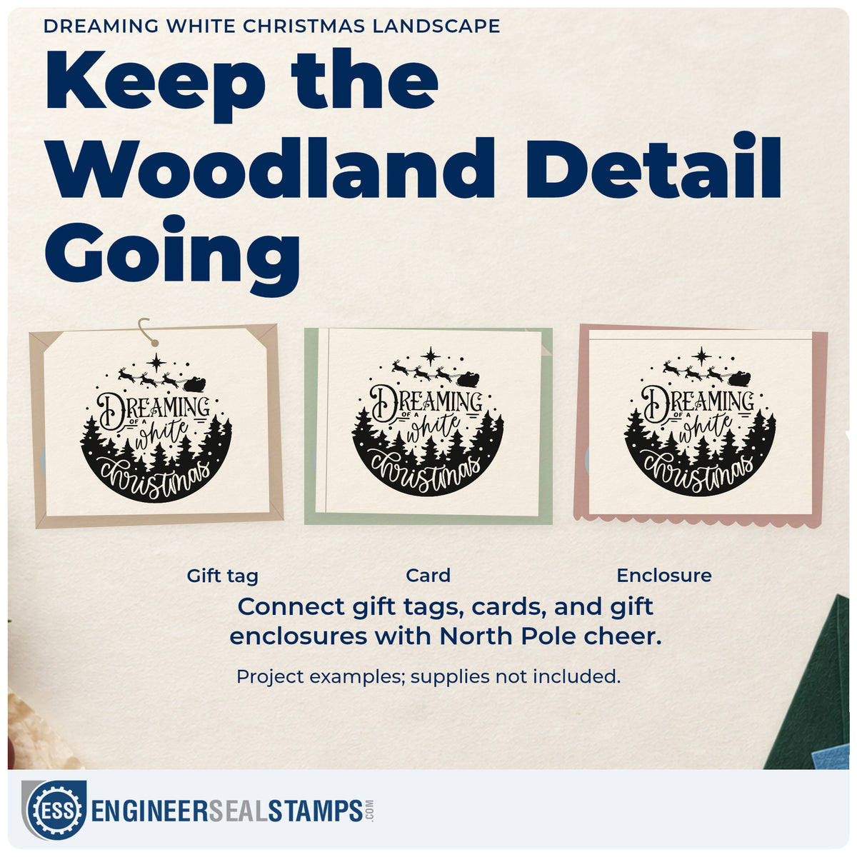 Three project examples made with the Dreaming White Christmas Landscape Slim Pre-Inked Stamp, including watchlist plan sheet.