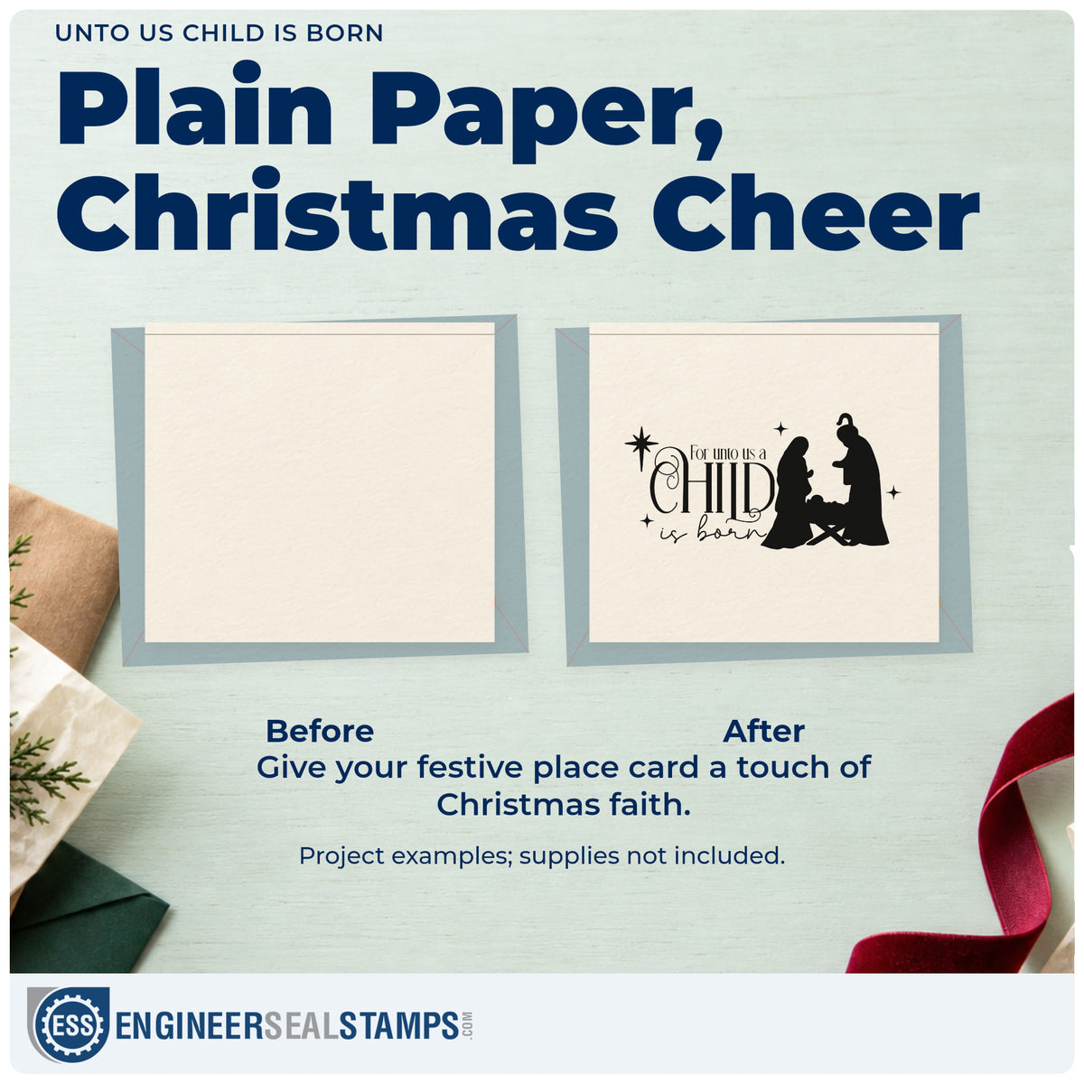 Before and after of a plain item finished with the Unto Us Child Is Born Rubber Stamp – Duo Hand, a quick upgrade for framed prayer corner.