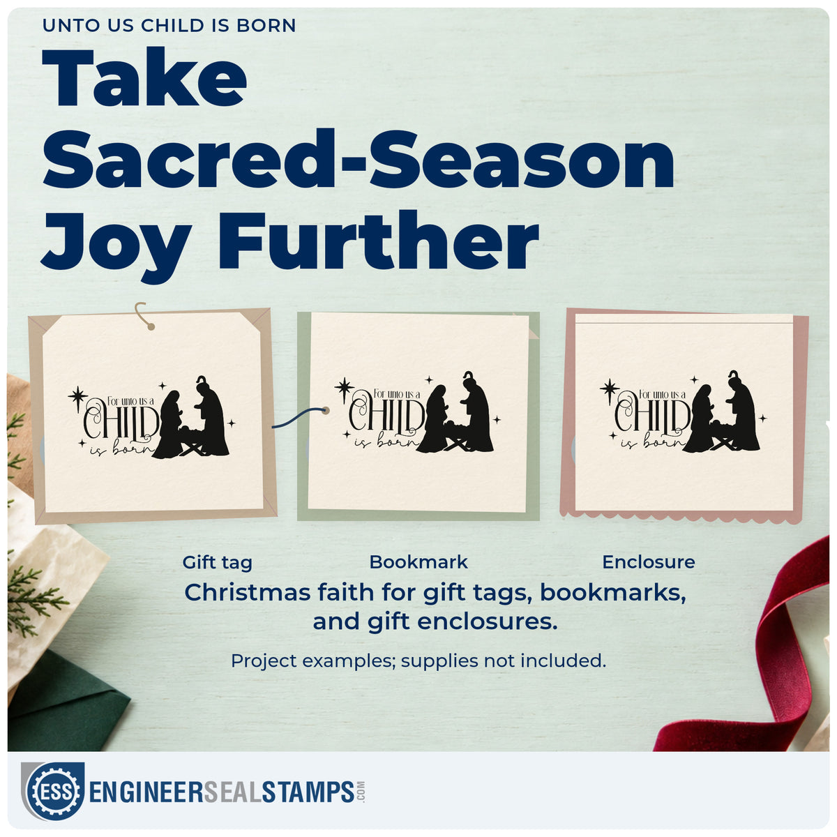 Three project examples made with the Unto Us Child Is Born Rubber Stamp – Duo Hand, including reading plan sheet.