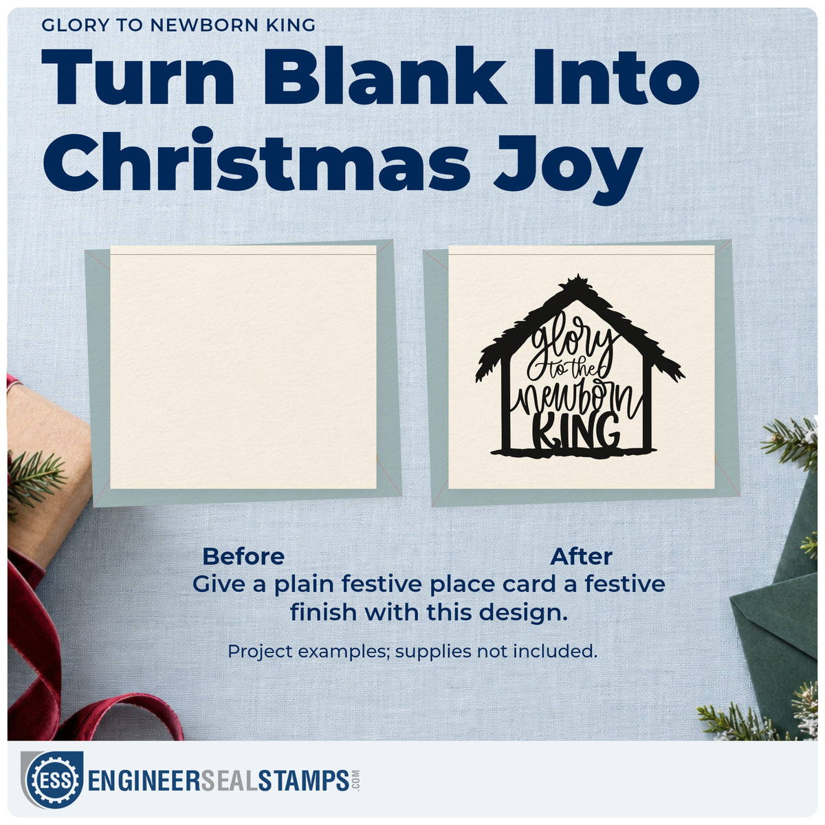 Before and after of a plain item finished with the Glory To The Newborn King PSI Pre-Inked Stamp, a quick upgrade for framed fellowship hall.