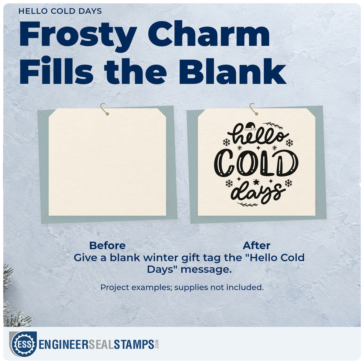 Before and after of a plain item finished with the Winter Hat And Snowflakes Hello Cold Days Pre-Inked Stamp – PSI, a quick upgrade for framed shop window.