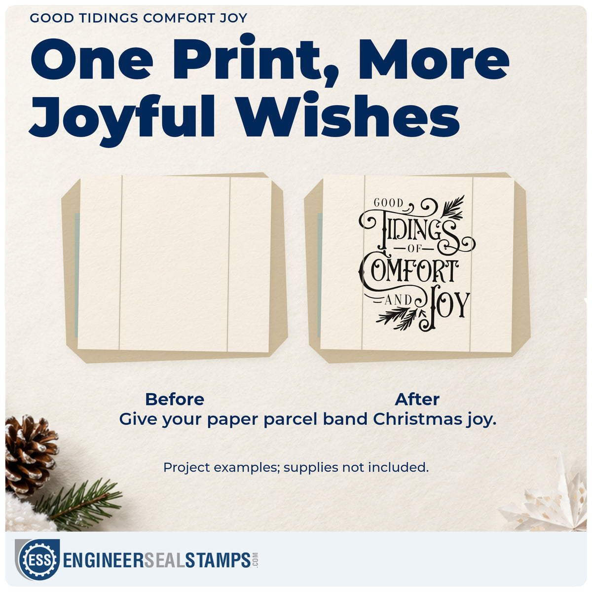 Before and after of a plain item finished with the Good Tidings Of Comfort And Joy PSI Pre-Inked Stamp, a quick upgrade for linen napkin printing.