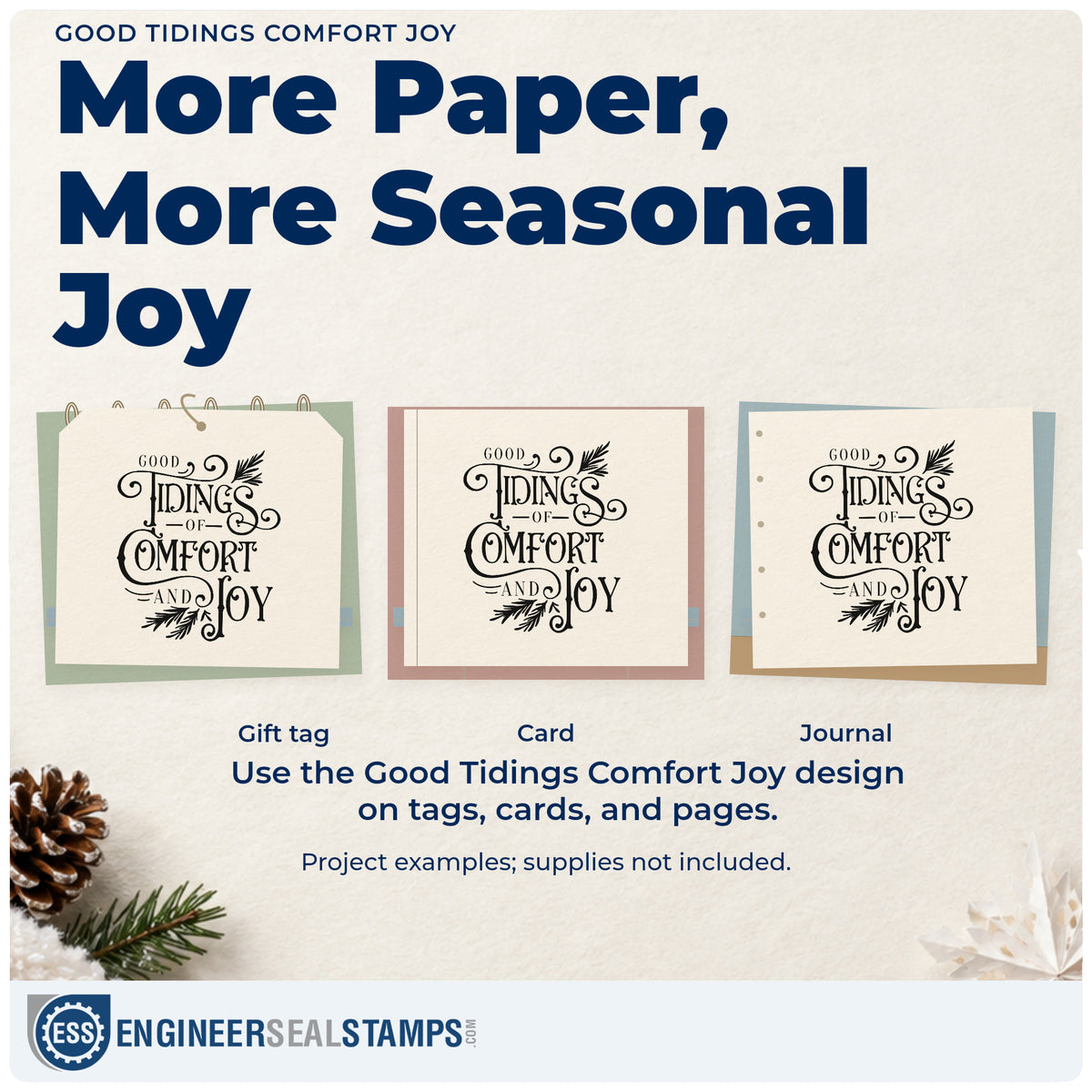 Three project examples made with the Good Tidings Of Comfort And Joy Pre-Inked Stamp – Slim, including corporate gift tags.