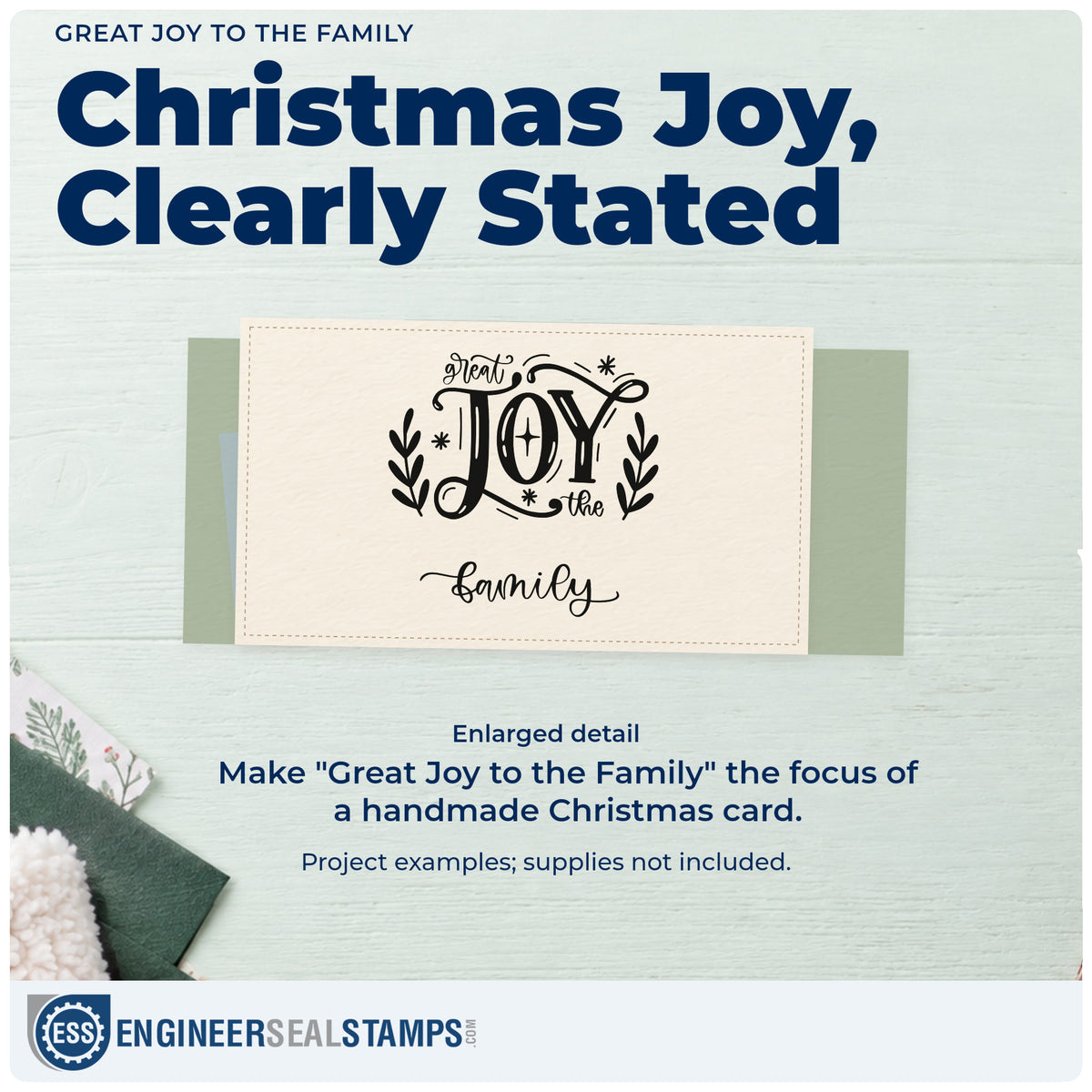 Enlarged detail of the Great Joy To The Family Leafy Branches Wood Handle Stamp imprint. Ornamental lettering reads “Great Joy to the Family” with leafy branches and stars.