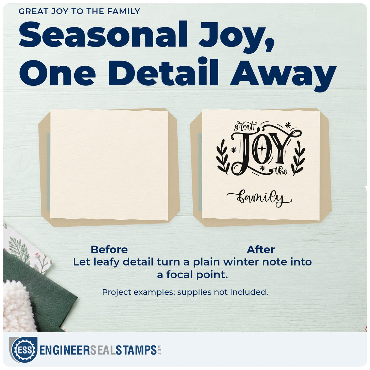 Before and after of a plain item finished with the Great Joy To The Family Leafy Branches Stamp – PSI Pre-Inked, a quick upgrade for framed dining wall.