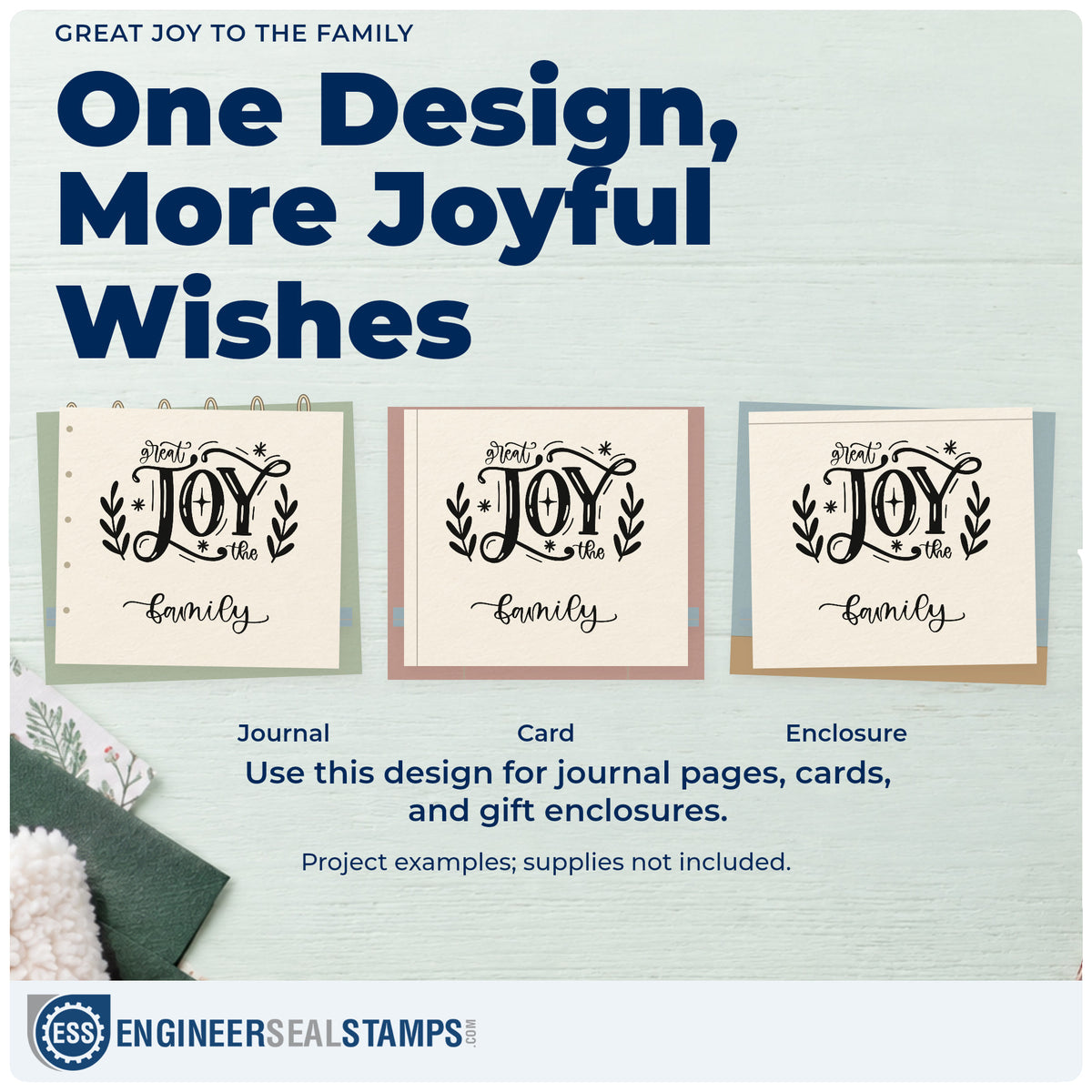 Three project examples made with the Duo Hand Great Joy To The Family Leafy Branches Rubber Stamp, including family tree page.